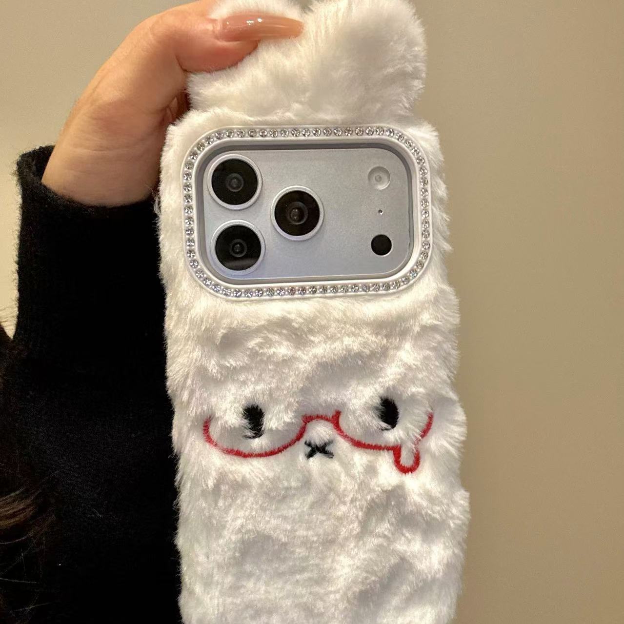 软萌可爱毛绒红色半框眼镜米菲兔适用iphone17promax苹果16手机壳治愈系软萌可爱萌宠甜美防摔保护壳