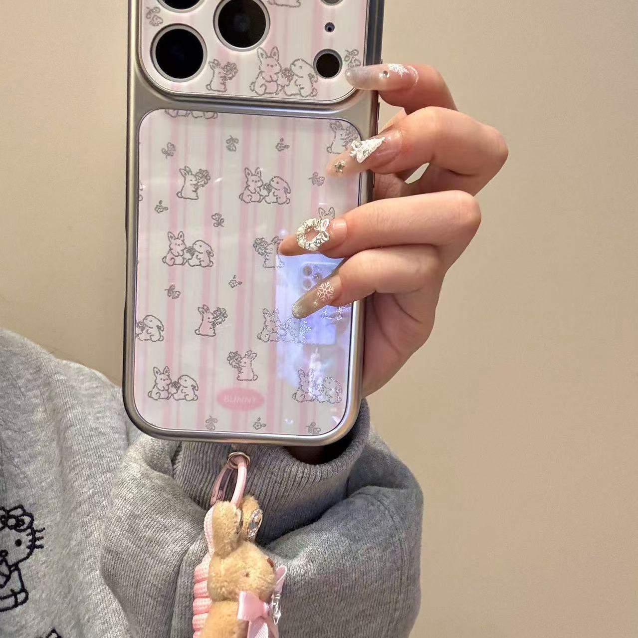 甜系可爱闪粉线条碎花小兔适用于iphone17promax苹果16pr手机壳15唯美小清新创意防摔保护壳