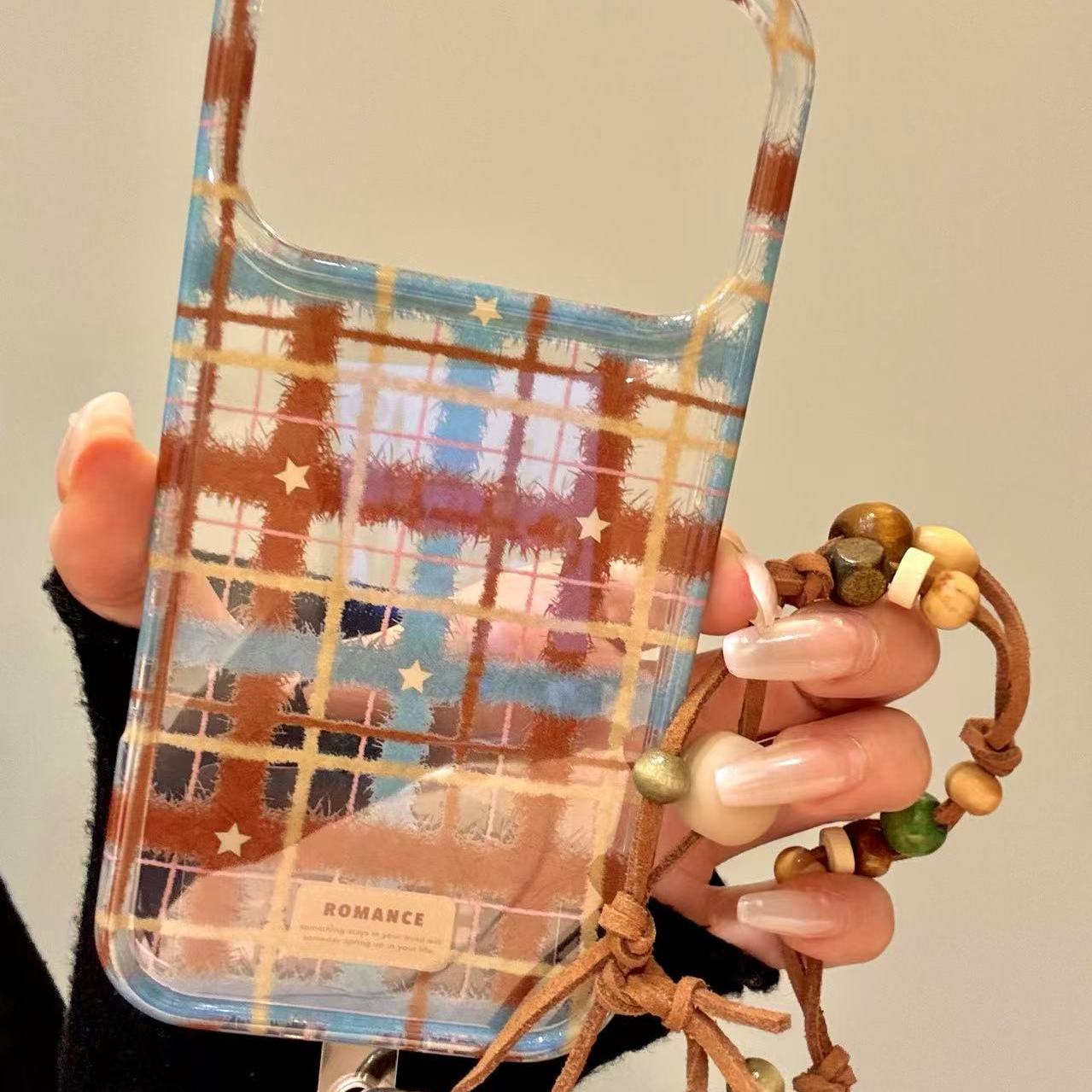 ins风涂鸦棕蓝条纹星星适用ihone17promax苹果16pro手机壳15p新款小众简约设计感防摔保护壳