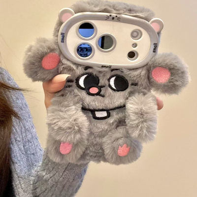 软萌可爱毛绒灰色大鼠适用于iphone17promax苹果16pro手机壳15p14童趣创意搞怪新款防摔保护壳