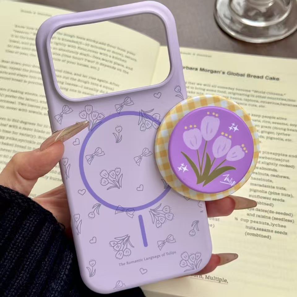 唯美ins紫色线条郁金香花磁吸适用iphone17promax苹果16p手机壳15小众简约设计感防摔保护壳