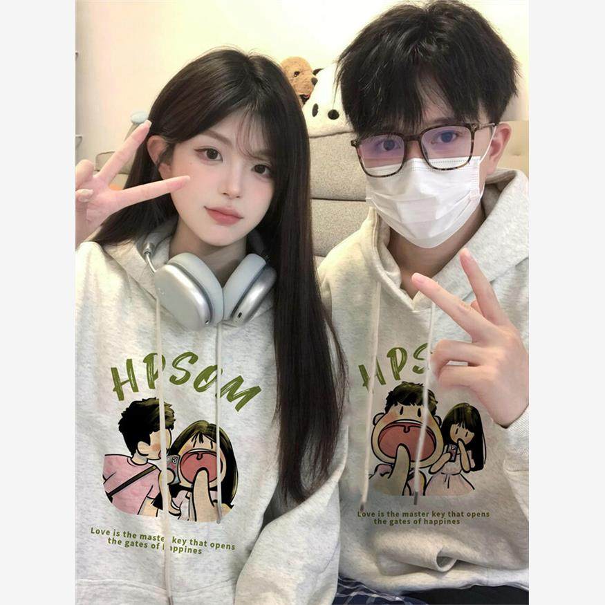 特别的情侣装卫衣秋冬季2025新款连帽加绒上衣花灰色高级感外套装