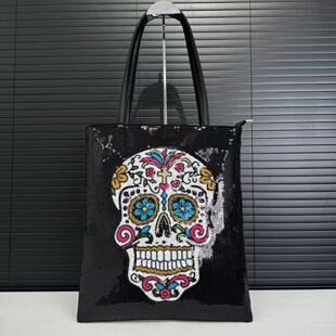 可图案设计女士亮片骷髅单肩包大容量个性 街头手提包