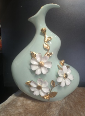 精致青绿色高端葫芦花瓶客厅电视柜手工掐花描金 微瑕疵介意勿拍