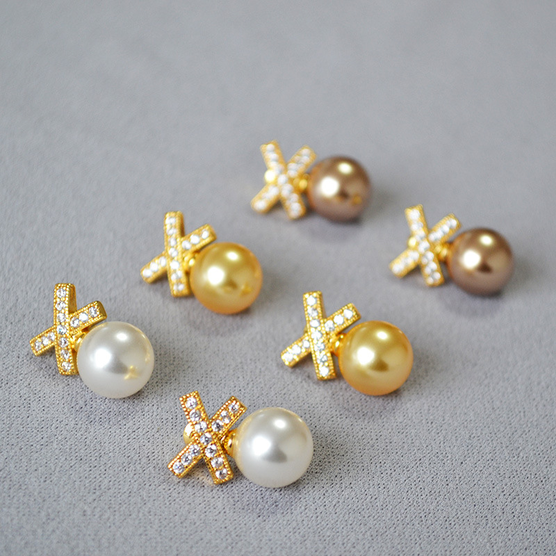 法式小众简约X交叉黄铜镶嵌锆石闪钻珍珠925银针级感耳钉耳饰女