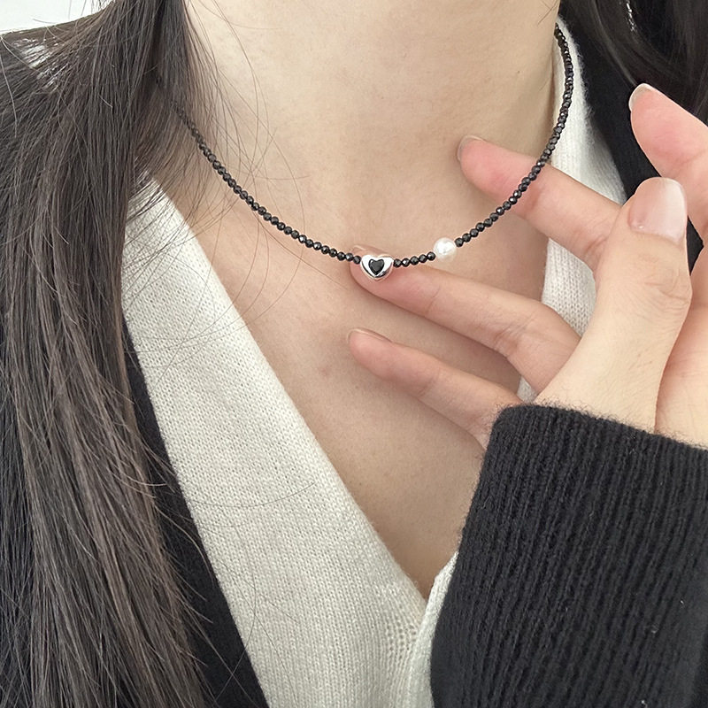 槐序HX【爱心系列】925纯银珍珠黑尖晶项链女ins风通勤风串珠项链
