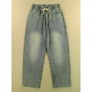 男32码 6803 美式 复古宽松直筒松紧腰W303 慵懒风阔腿裤 薄牛仔裤