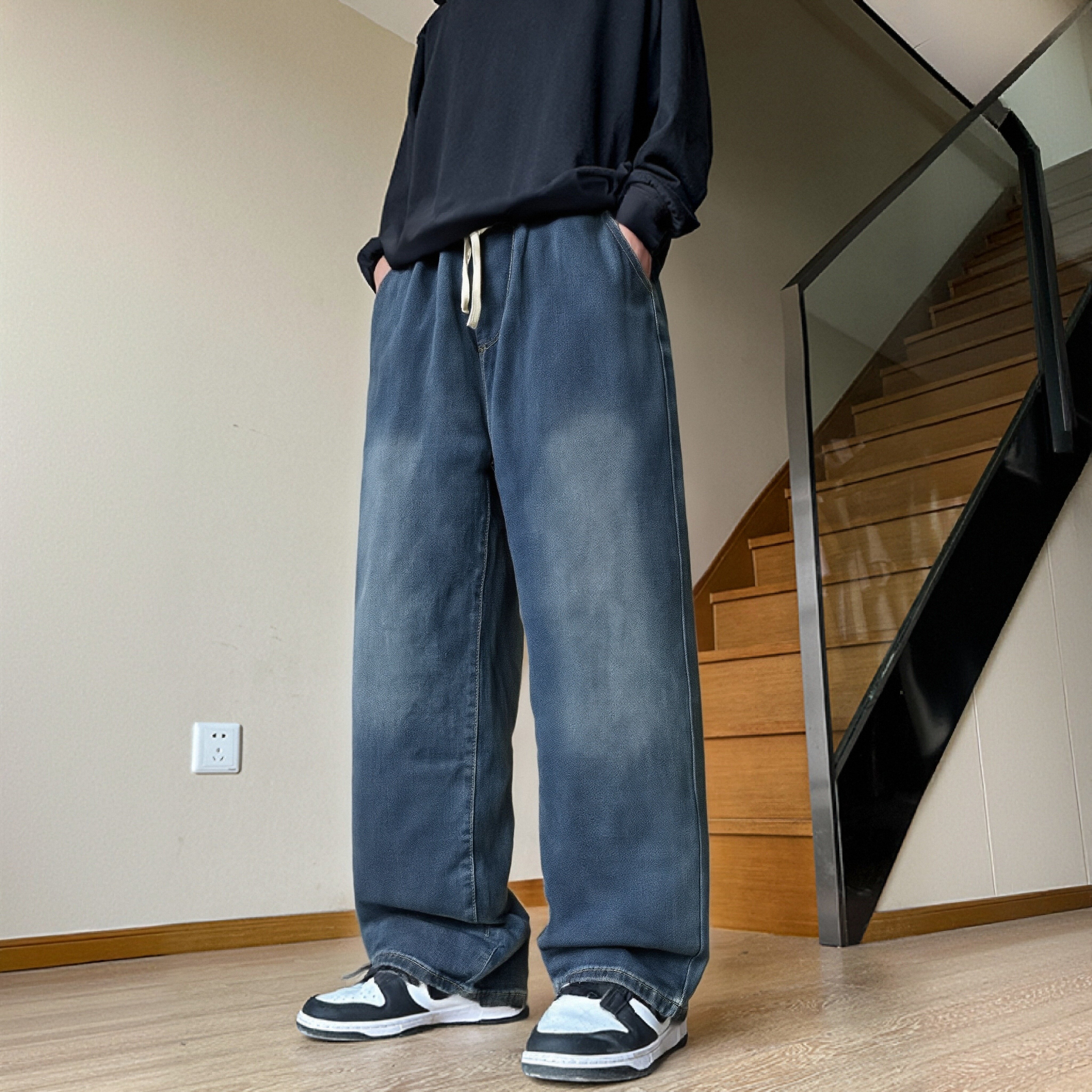牛仔裤男美式慵懒风阔腿裤松紧腰复古宽松直筒T045/98581*01