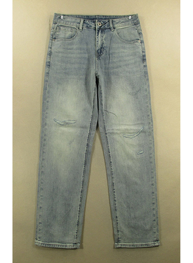 牛仔裤男31码弹力直筒破洞补丁高腰长裤子全新品*F102/52509-02