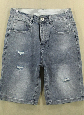 牛仔中裤五分裤男28码针织弹力破洞短裤夏款全新品F106/52537-10