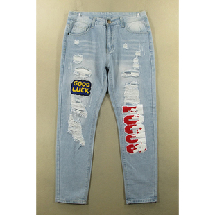 破洞补丁贴绒长裤 锥形小脚裤 子全新品 I109 牛仔裤 5501 男32码