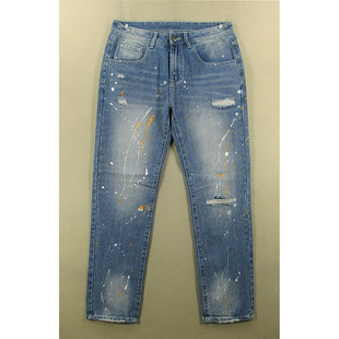 牛仔裤男30码修身小脚裤破洞喷彩斑点长裤子全新品F107/2507-03