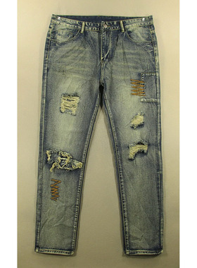 牛仔裤男36码修身小脚裤破洞补丁加长加大码长裤子*Q108/38501-19