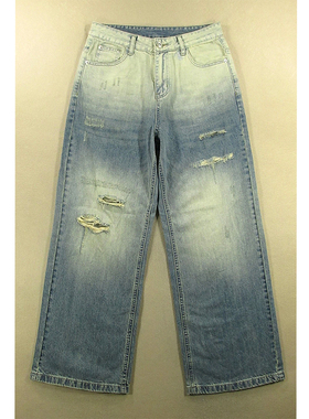 牛仔裤男美式慵懒风破洞潮牌薄款莱塞尔宽松直筒阔腿C309/2582*06