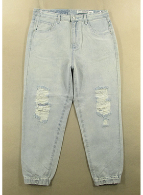 牛仔裤九分裤男纯棉缩口裤束脚破洞长裤子全新品*K108/52502-06