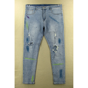 牛仔裤 M402 男欧版 破洞涂鸦柔软潮弹力紧身小脚KHCO 包邮 2982