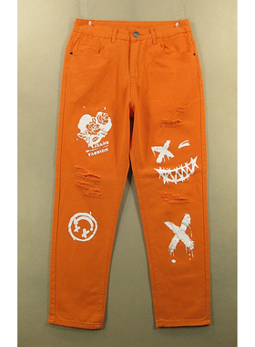 牛仔裤男30码锥形小脚印花破洞彩色长裤子全新品*F102/52509-12