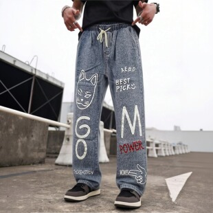 2682 牛仔裤 男慵懒风嘻哈滑板涂鸦松紧腰束脚宽大直筒Y000