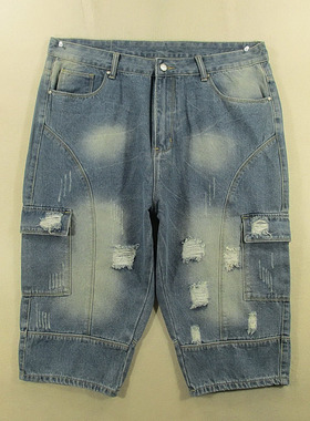 牛仔中裤七分裤男38码多兜破洞哈伦宽松加大码夏款D104/38531-07