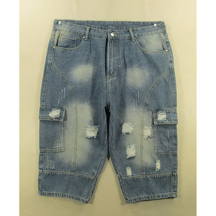 多兜破洞哈伦宽松加大码 男38码 夏款 D104 牛仔中裤 38531 七分裤