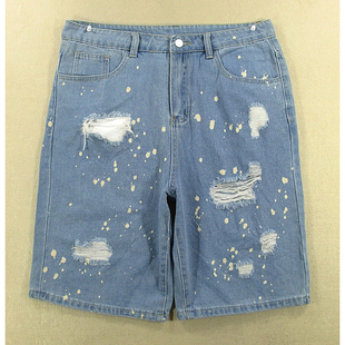 牛仔中裤五分裤男32码破洞宽松斑点夏裤子KHCO包邮R206/5231-12