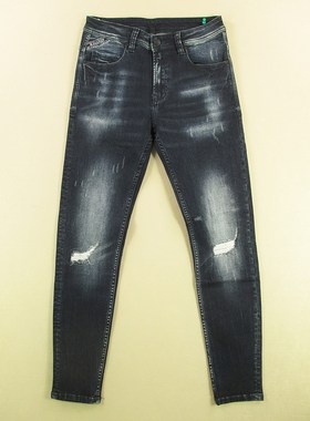 牛仔裤男29码弹力修身小脚裤紧身假破洞裤子全新品S401/68501-05
