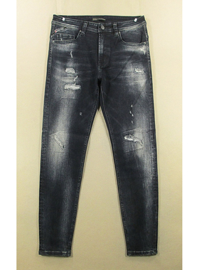 牛仔裤男30码弹力修身小脚裤假破洞补丁长裤子全新品Q109/5503-02