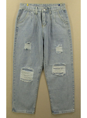 牛仔裤女26码 老爹裤高腰破洞宽松直筒复古特价包邮Y201/98054-19