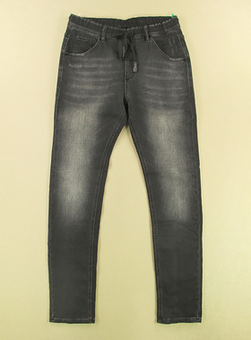 针织牛仔裤男32码弹力修身小脚裤松紧腰加长外单黑P309/68508-20