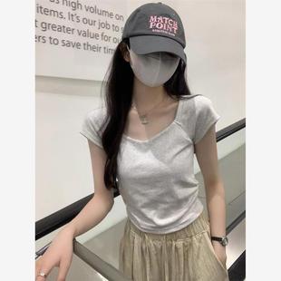 t恤女夏季 低领正肩灰色短袖 插肩不规则褶皱体恤显瘦辣妹方领上衣
