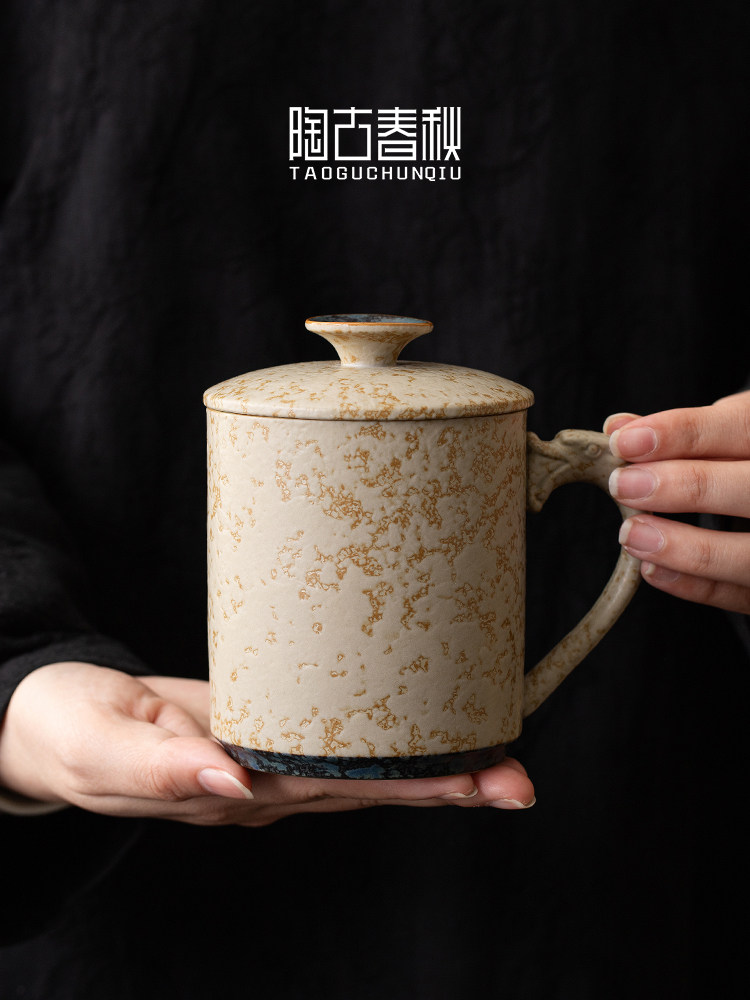 蓝白火石红陶瓷马克杯大容量带盖分茶杯水杯中国家用茶杯