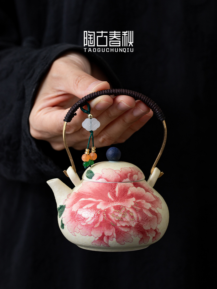 牡丹花蓝白岩矿白柄茶壶一壶两杯功夫茶套装覆古茶壶礼盒