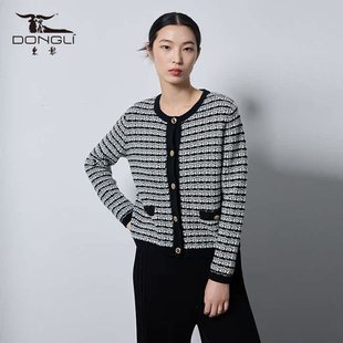 东黎山羊绒 圆领复古黑白格纹3453 女士小香风秋冬针织羊绒开衫
