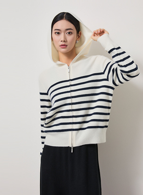 东黎•山羊绒 女士春秋季针织彩条连帽衫双拉链撞色羊绒开衫3096