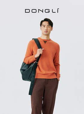 东黎山羊绒 男士秋冬针织圆领拼皮休闲保暖长袖纯色宽松套衫4917