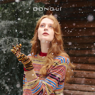 保暖 东黎 女士秋冬山羊绒彩条五指手套时尚 马戏团 5398 童心未远