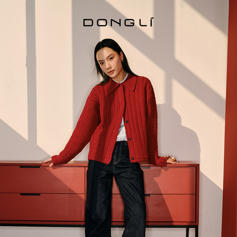 东黎针织翻领加厚羊绒开衫