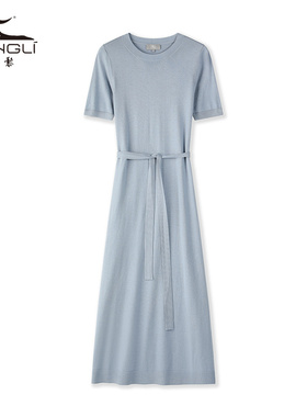 东黎 溯源款 丝绒款女士圆领气质短袖连衣裙超显瘦收腰长裙子3240