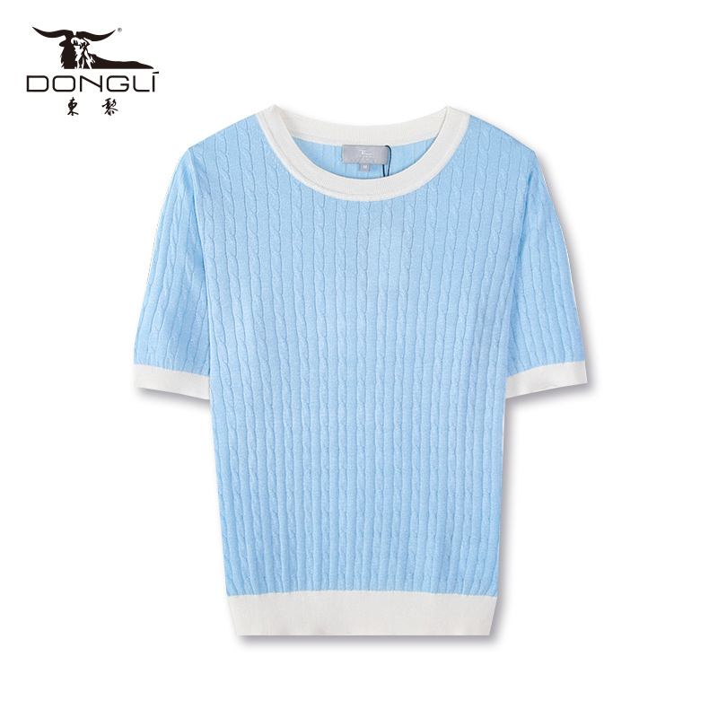 东黎丝绒撞色圆领时尚绞花短袖