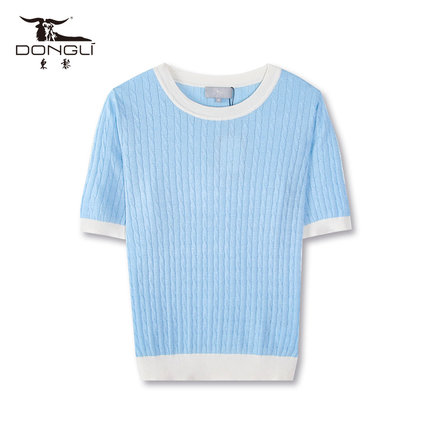 东黎 溯源款 丝绒混纺 女士时尚绞花短袖T恤撞色圆领针织上衣3214