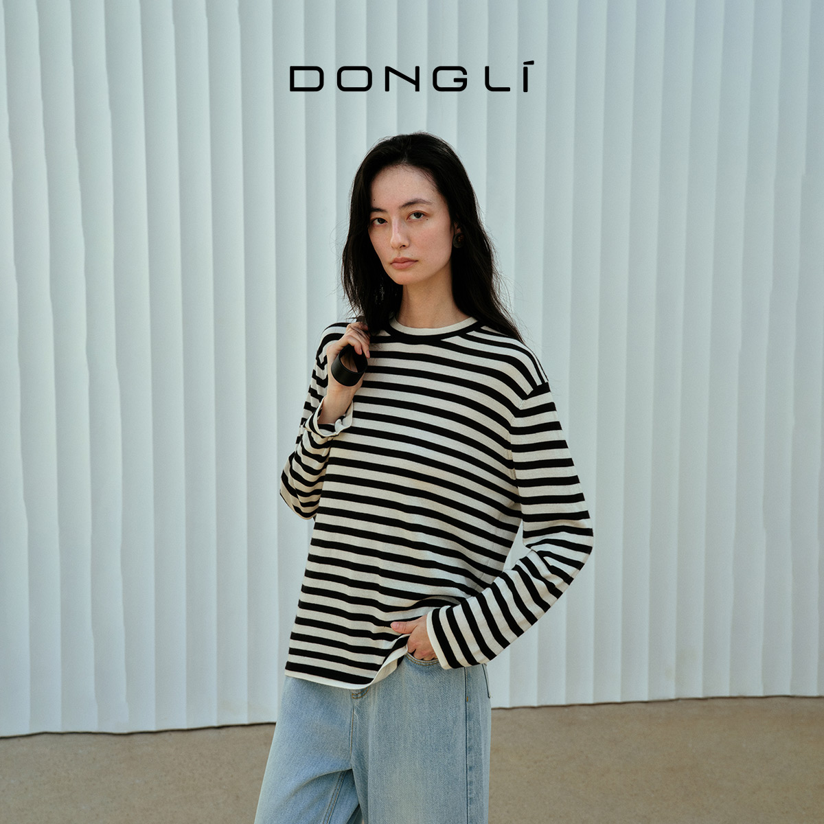 东黎羊毛羊绒混纺条纹精纺针织衫