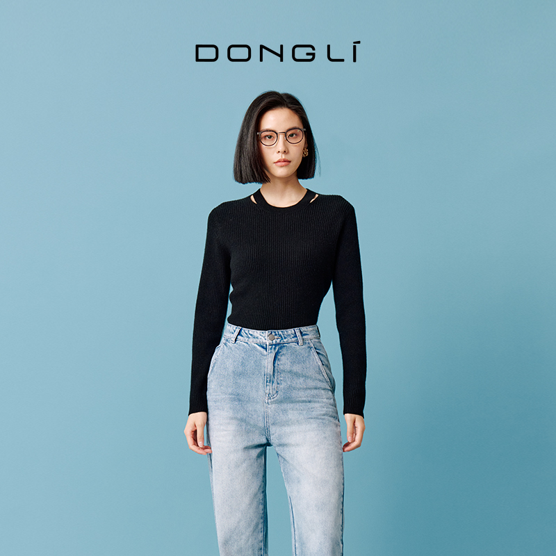 东黎山羊绒抽条长袖针织衫