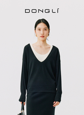 东黎 溯源款 小山羊绒 秋冬大V领套头打底衫女士落肩袖羊绒衫4671