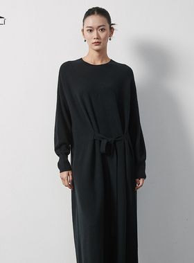 东黎 溯源款 山羊绒 女士针织系带圆领H版长裙优雅宽松连衣裙3484