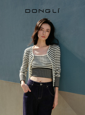 东黎山羊绒 宽松撞色条纹气质小开衫女秋冬优雅纯羊绒针织衫5372