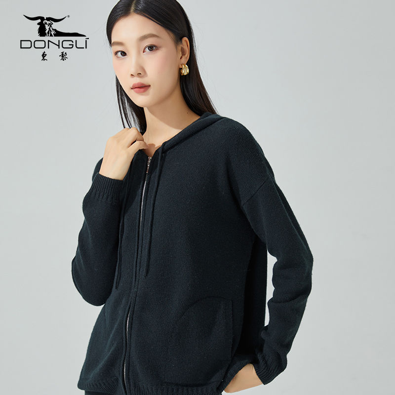 东黎山羊绒连帽长袖拉链开衫