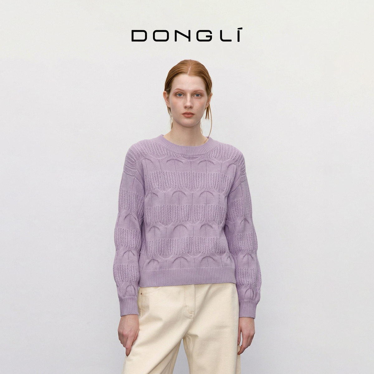 东黎山羊绒 女士秋冬季针织圆领重工绞花套头羊绒衫厚款毛衣21S44