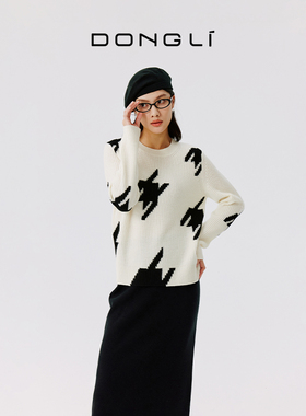 东黎山羊绒 2025春季新款千鸟格提花针织圆领套衫女时尚百搭4741