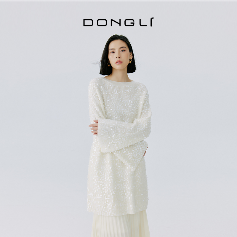 东黎山羊绒中长款珠片套衫