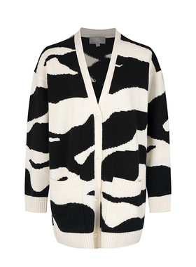 东黎 溯源款 山羊绒女士秋冬粗纺ADF嵌花V领开衫撞色针织外套3481